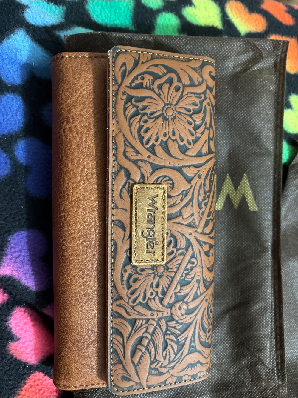 Wrangler Brown Tooled Floral Leather Wallet with Gold Logo